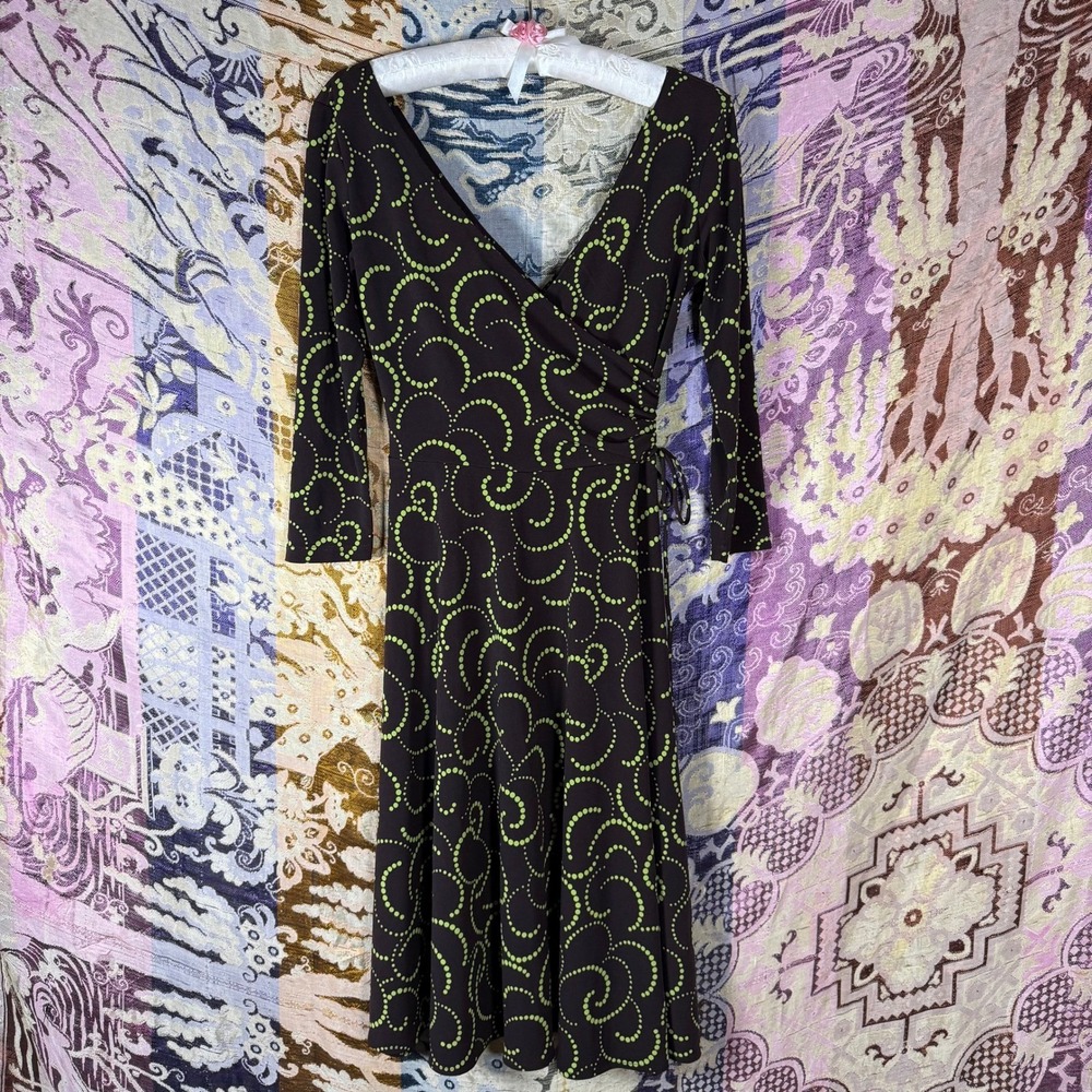 Brown Green Polka Dot Whimsy V Neck 3/4 Sleeve Cutesy Knee Length Dress Size XS